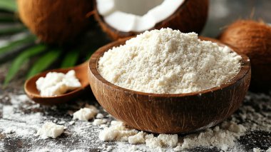 Hindistan cevizi gevrekleri ve gri arka planda hindistan cevizi yağı.