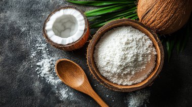 Hindistan cevizi yağı ve koyu arkaplanda taze hindistan cevizi karışımı.