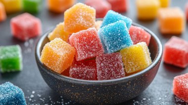 Gri masada farklı şekerler, yakın plan.