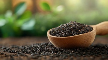 Masada siyah susam tohumları ve kase var. Metin için boşluk