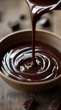 Kase içine dökülen sıvı çikolatanın yakın çekimi. Lezzetli siyah çikolata kıvrımlar, dalgalar halinde akar. Tatlı yemekleri, şekerleme ürünleri, fabrika gıda üretimi için cazip bir tatlı malzemesi. Kahverengi --kaos 35 --ar 9: 16 -- stilize 300 --v 6.1 İş Kimliği: