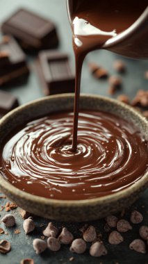 Kase içine dökülen sıvı çikolatanın yakın çekimi. Lezzetli siyah çikolata kıvrımlar, dalgalar halinde akar. Tatlı yemekleri, şekerleme ürünleri, fabrika gıda üretimi için cazip bir tatlı malzemesi. Kahverengi --kaos 20 --ar 9: 16 -- stilize 600 --v 6.1 İş Kimliği: