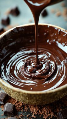 Kase içine dökülen sıvı çikolatanın yakın çekimi. Lezzetli siyah çikolata kıvrımlar, dalgalar halinde akar. Tatlı yemekleri, şekerleme ürünleri, fabrika gıda üretimi için cazip bir tatlı malzemesi. Kahverengi --kaos 20 --ar 9: 16 -- stilize 600 --v 6.1 İş Kimliği: