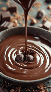 Kase içine dökülen sıvı çikolatanın yakın çekimi. Lezzetli siyah çikolata kıvrımlar, dalgalar halinde akar. Tatlı yemekleri, şekerleme ürünleri, fabrika gıda üretimi için cazip bir tatlı malzemesi. Kahverengi --kaos 20 --ar 9: 16 -- stilize 300 --v 6.1 İş Kimliği: