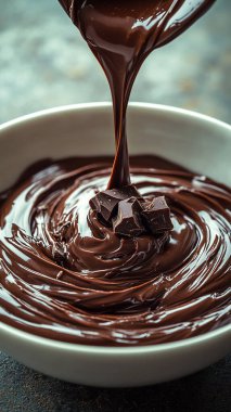 Tahta bir masada kaşıkla bir kase çikolata.