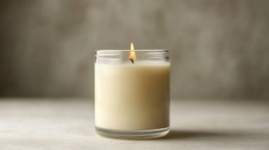 Gri desenli masada yanan mum ve bir bardak süt, metin için alan