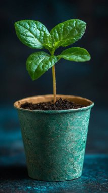 Karanlık bir arka planda siyah bir saksıda genç bir bitki. Yazıtın için kopyalama alanı var.