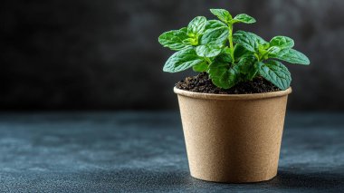 Gri arka planda izole edilmiş tencerede küçük yeşil bir bitkinin dikey çekimi.