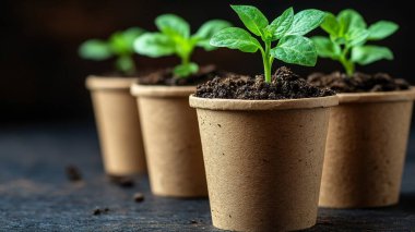 Bulanık arka planda, tenceredeki genç bitki. Metin için boşluk