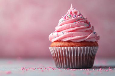 Tatlı kek ve krema pembe masada.