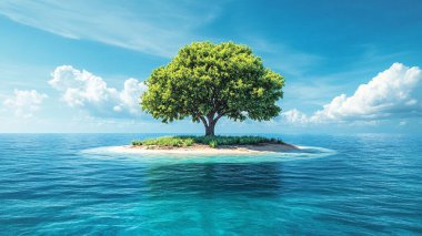Okyanusta yeşil yapraklı ağaç. 3d oluşturma