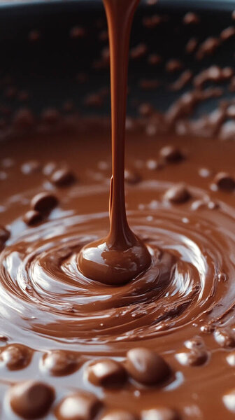 Close-up of liquid chocolate pouring into bowl. Delicious dark chocolate flows in swirls, ripples. Tempting dessert ingredient for sweet dishes, confectionery products, factory food production. Brown --chaos 35 --ar 9:16 --stylize 300 --v 6.1 Job ID: