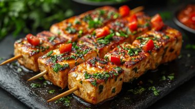 Tahtada sebzeli ızgara domuz kebabı, yakın plan.