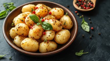 Koyu arka planda fırında patatesli kase.