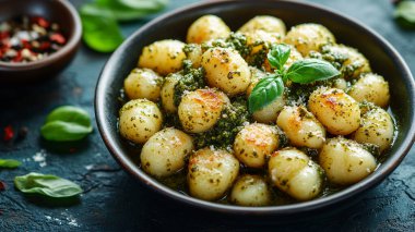 Otlu fırında patates ve kasede baharat. sağlıklı vejetaryen yemekleri