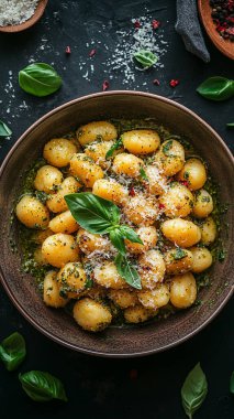 İtalyan makarna gnocchi fesleğenli, sarımsaklı ve parmesan peynirli.