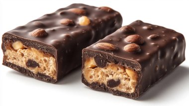 Beyaz arka planda çikolata ve fındık