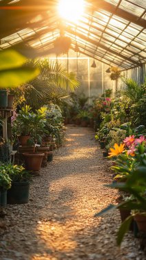 Bitkilerle ve çiçeklerle dolu bir sera