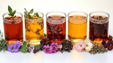 Beyaz arka planda cam bardaklarda farklı bitkisel içecekler