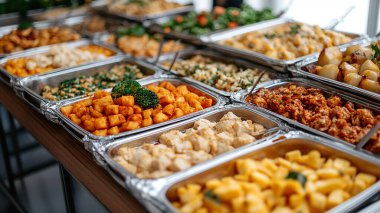 Açık büfede makarna ile farklı yemekler.