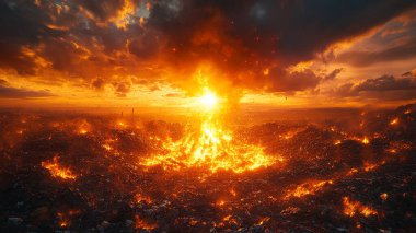 Gökyüzü ve dumanın arka planında yanan kızgın kömür yığını. Çevre kavramı. 3d oluşturma