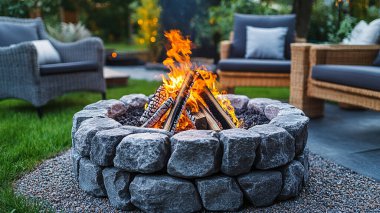 Ateş ve şömine, arka bahçedeki terasta taş var.