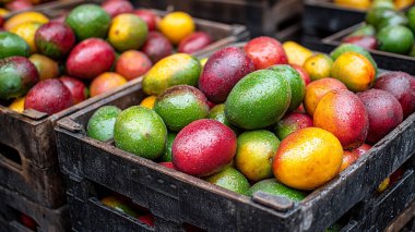 Taze ve renkli organik olgun mango meyvesine yakın durun.