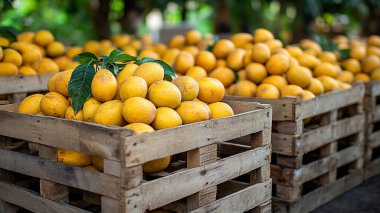 Tahta masadaki kutularda olgun limonlar.