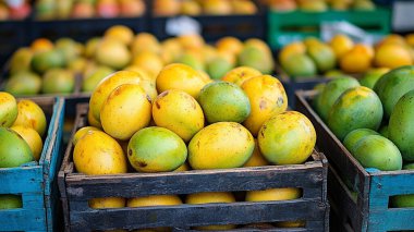 Markette taze sarı ve yeşil mango