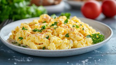 Masada lezzetli çırpılmış yumurta tabağı.