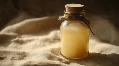 Şişe ve bir bardak bal ahşap masada..