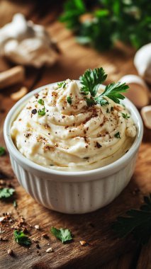 Tahta masadaki kasede lezzetli kremalı tavuk tiramisusu.