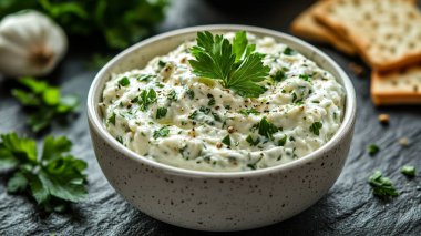 Ev yapımı taze organik Yunan tzatziki, koyu ahşap arka planda otlarla dolu bir kasede..