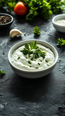 Yunan tzatziki sosu otlar, sarımsak ve maydanozlu