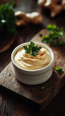 Masada lezzetli humus olan kase.