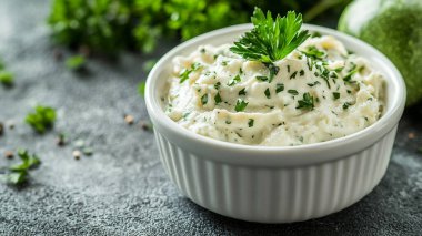 Taze sarımsaklı krema çorbası, dereotlu ve otlu..