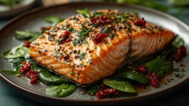 Ispanaklı fırında somon ve siyah bir tabakta siyah bir arka planda otlar..