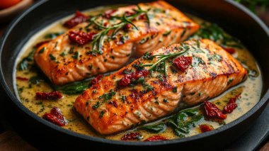 Tavada ıspanaklı ve limonlu ızgara somon bifteği..