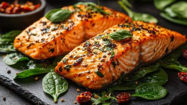 Taş tahtada baharatlı somon filetosu.