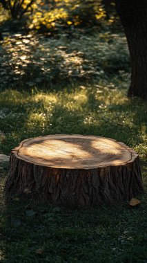 Yuvarlak gövdeli tahta kütük ve ormanın ortasında bir ağacın ortasında yuvarlak gövde..
