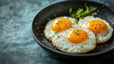 Siyah tabakta sahanda yumurta ve baharat..