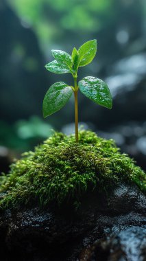 Ormanda yosun tutmuş yeşil yapraklı küçük bir ağaç. Metin için alanı olan doğal arkaplan