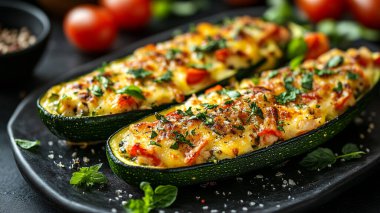 Peynirli, kabaklı ve domatesli ızgara biber..