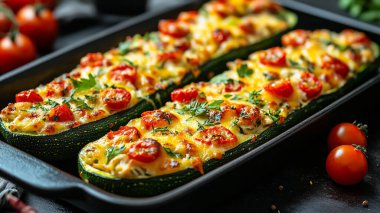 Mozzarella, şifalı ot ve peynirli ev yapımı fırında domates.