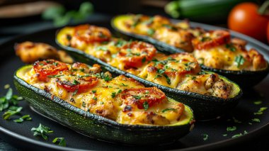 Pastırma ve peynirli fırında patlıcan. sağlıklı yiyecekler