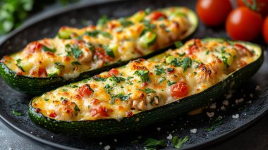 Peynirli kabak, domates, kabak, biber ve siyah tabakta bitkiler.