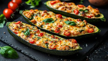 Peynirle doldurulmuş ev yapımı kabak ve fesleğenli domates.