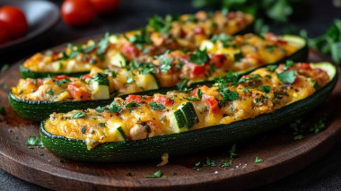 fırında kabak ve peynirli domates. Vejetaryen yemeği. sağlıklı yiyecekler