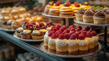 Tatlı ve renkli kekler. Pastanede farklı tatlılar var.