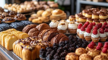 Mağaza vitrininde tatlı ve taze hamur işleri.